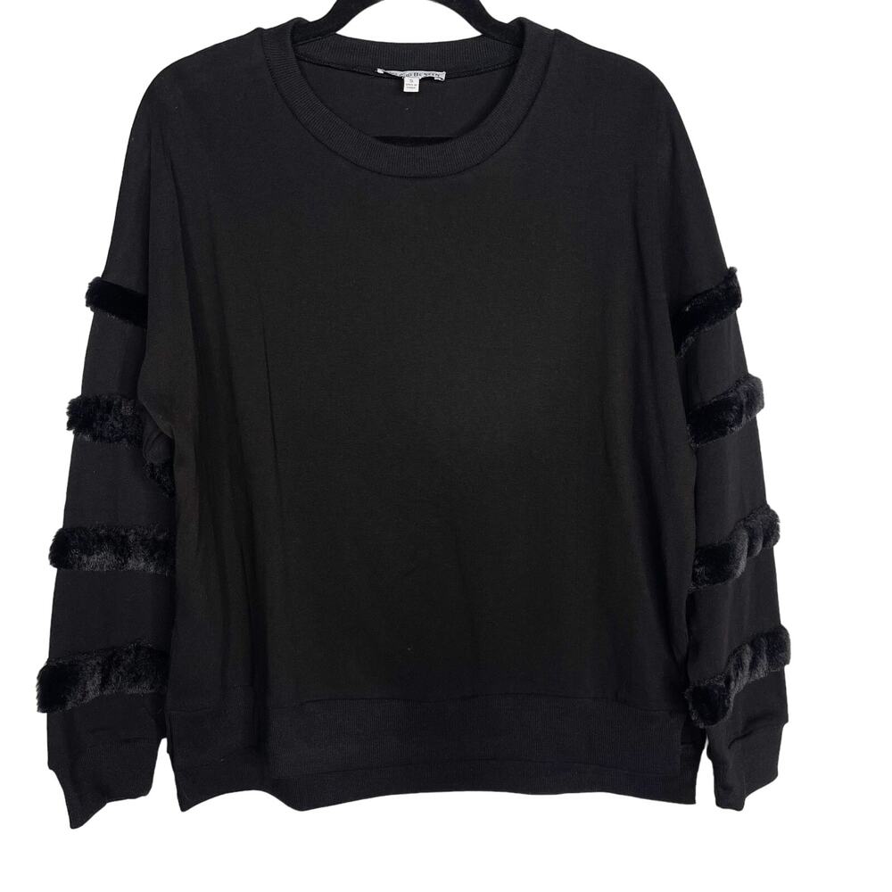New See and Be Seen Small S Black Faux Fur Striped Detail Crew Neck Sweatshirt